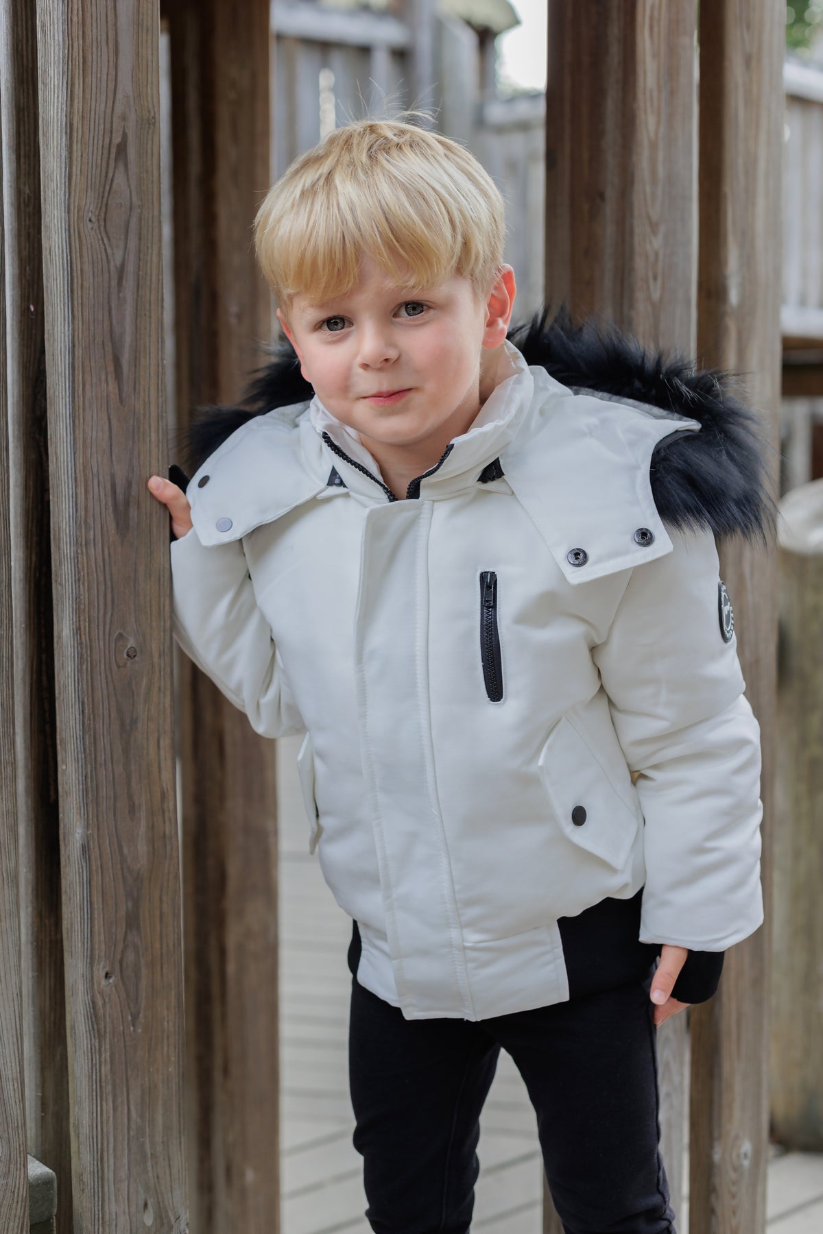 Kid's Fur Trim Coat Matte White