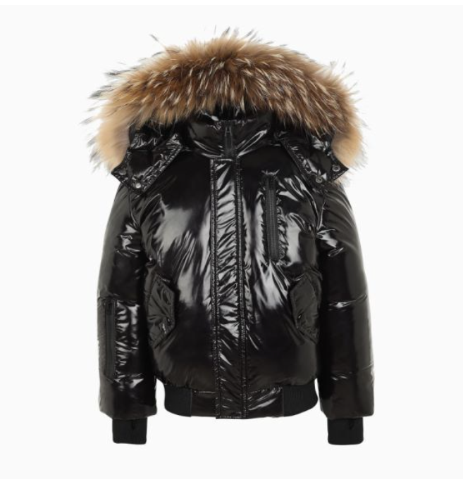 Kid's Fur Trim Coat Glossy Black