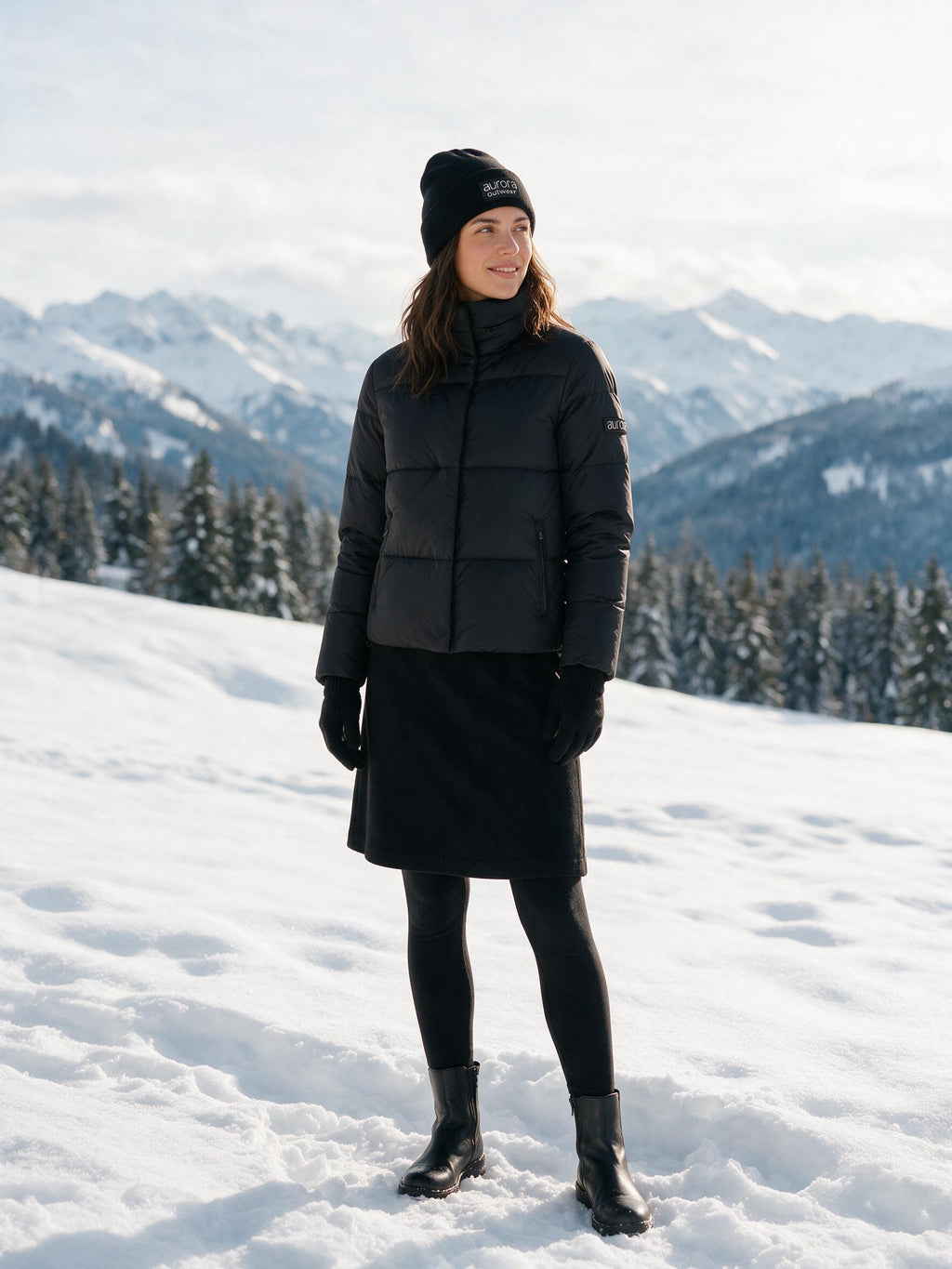 A woman wearing a black winter outfit, including a puffer jacket, skirt, beanie, gloves, and boots, standing in the snow with a mountain landscape in the background.