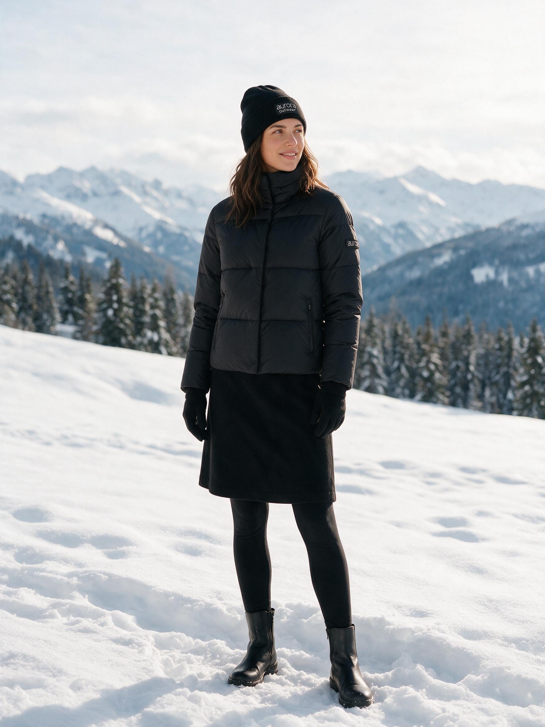 A woman wearing a black winter outfit, including a puffer jacket, skirt, beanie, gloves, and boots, standing in the snow with a mountain landscape in the background.
